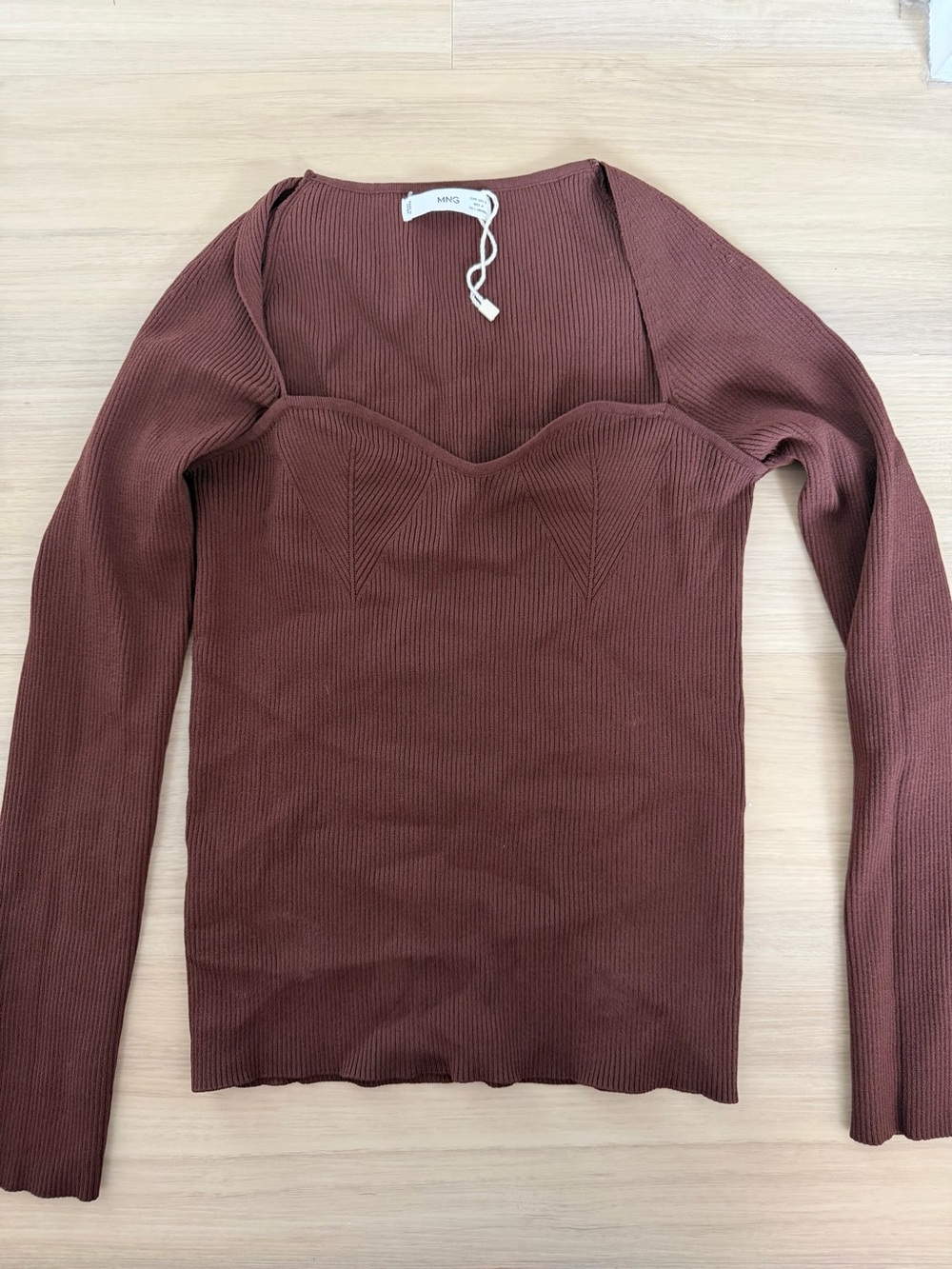 Mango Chocolate Brown Ribbed Sweetheart Neck Long Sleeve Top